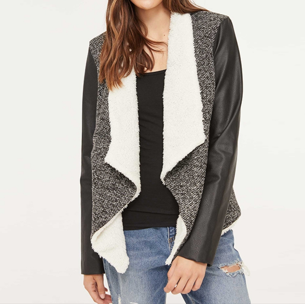 Ardene Black & White Faux Leather Trim Draped Jacket